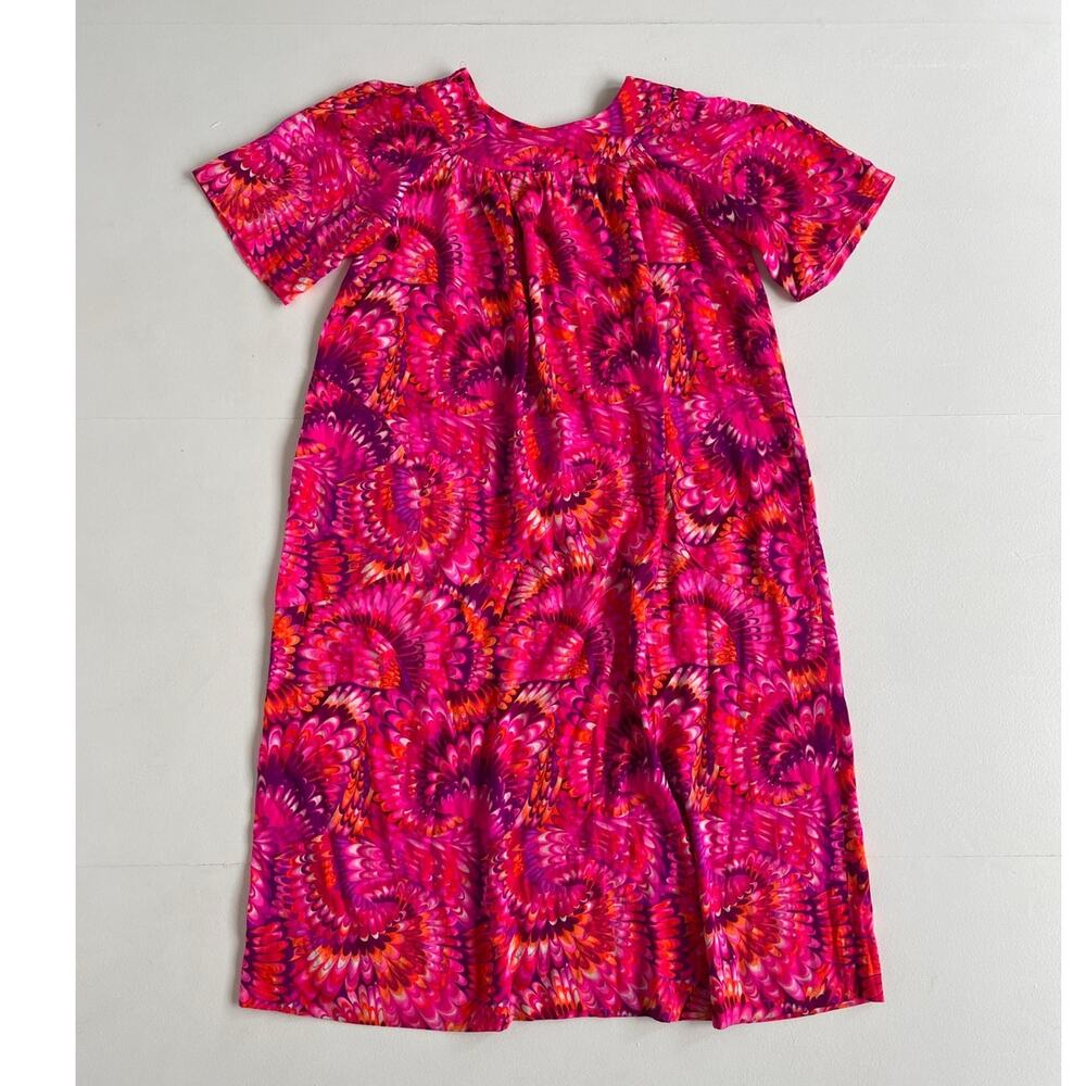 Vtg 70s Hot Pink Day Glo Psychedelic Kaftan Maxi Dress L/XL Boho Muumuu Hawaii